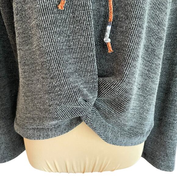 Hem & Thread Marled Gray Rib Knit Hooded Pullover Top Twist Front LARGE Cozy - Picture 2 of 6